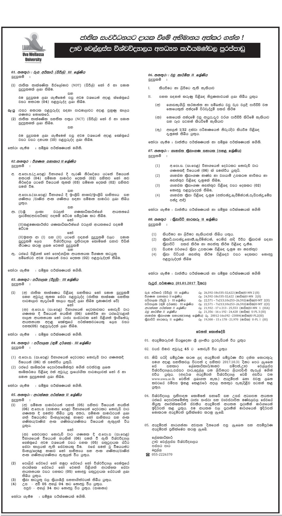 Works Superintendent (Civil), Audit Assistant, Supervisor (Electrical, Landscape), Security Inspector, Carpenter, Gymnasium Attendant, Groundsman  - Uva Wellassa University